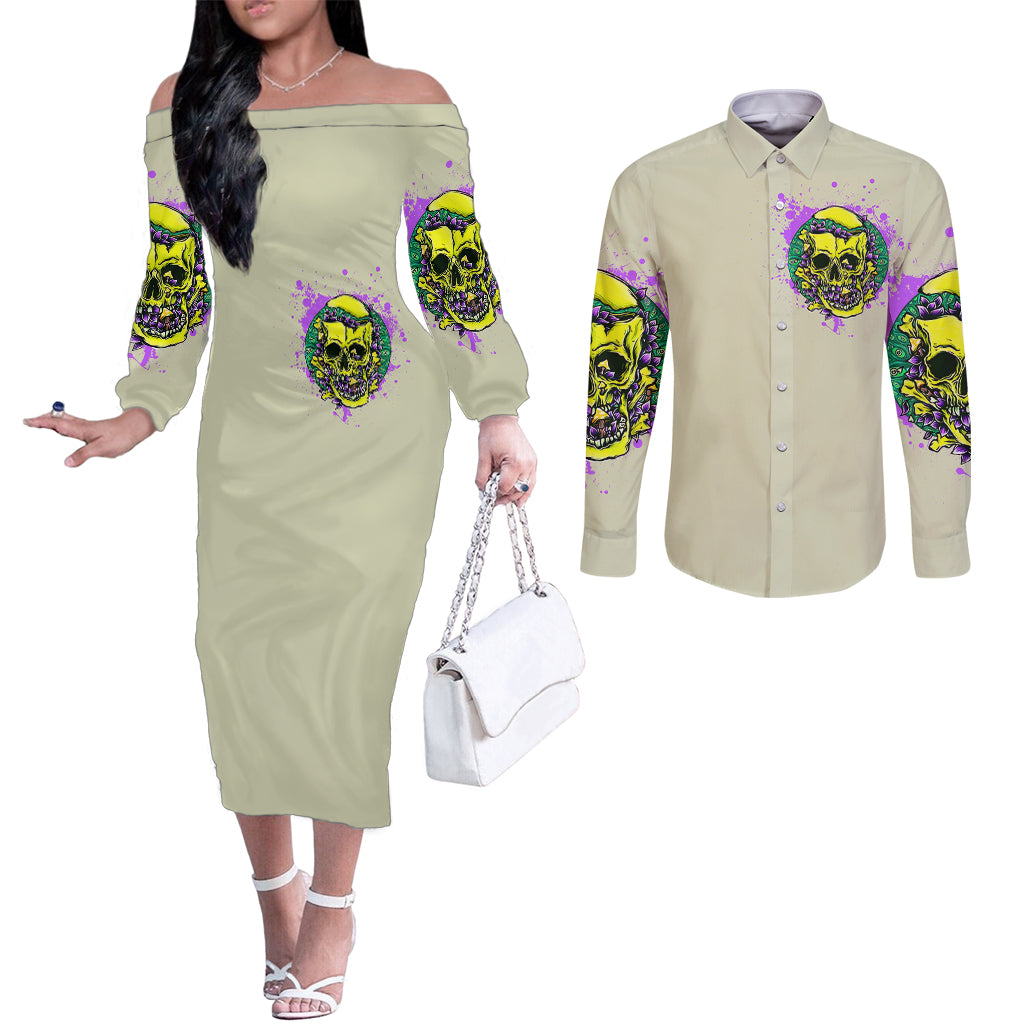 flower-skull-couples-matching-off-the-shoulder-long-sleeve-dress-and-long-sleeve-button-shirts-iam-who-iam-your-approval-isnt-need