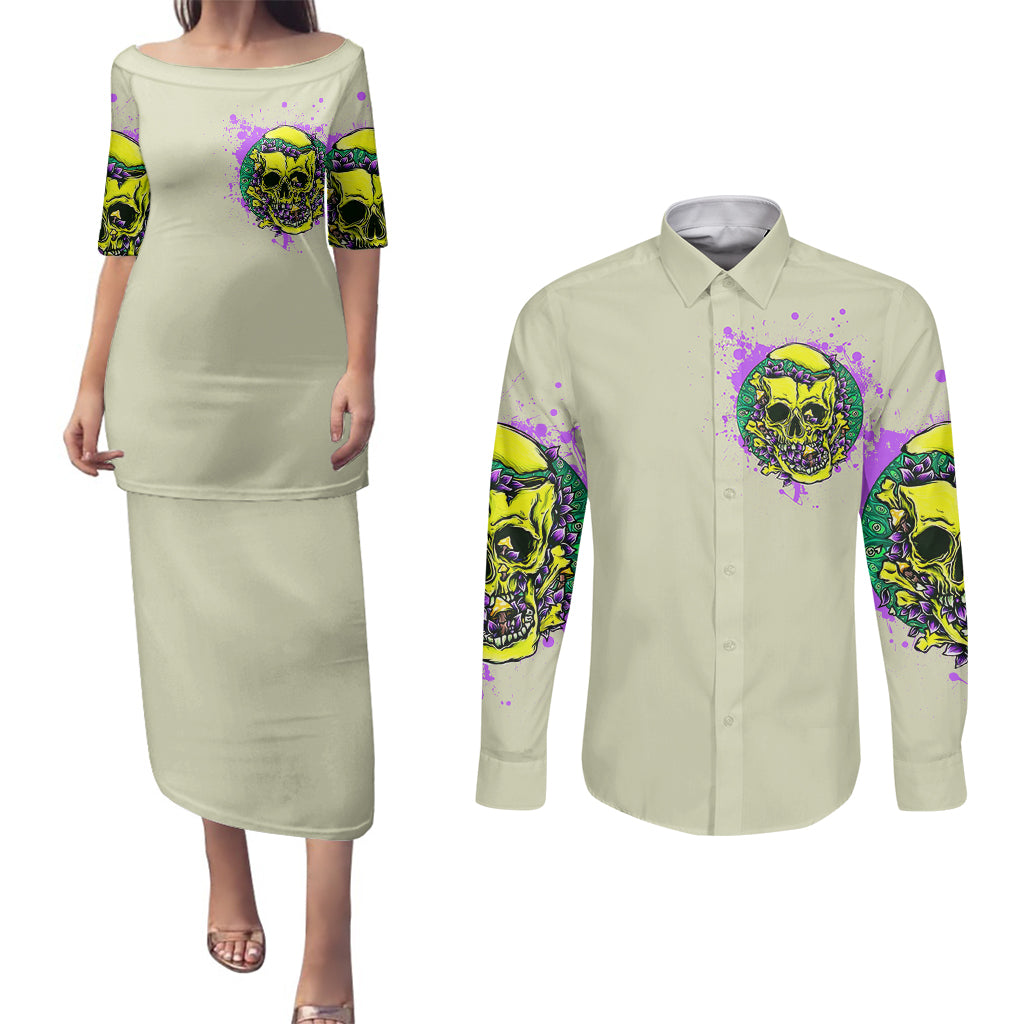 Flower Skull Couples Matching Puletasi Dress and Long Sleeve Button Shirts Iam Who Iam Your Approval Isn't Need - Wonder Print Shop