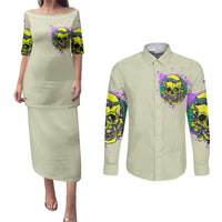 Flower Skull Couples Matching Puletasi Dress and Long Sleeve Button Shirts Iam Who Iam Your Approval Isn't Need - Wonder Print Shop