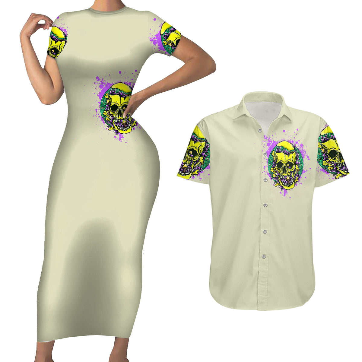 Flower Skull Couples Matching Short Sleeve Bodycon Dress and Hawaiian Shirt Iam Who Iam Your Approval Isn't Need - Wonder Print Shop