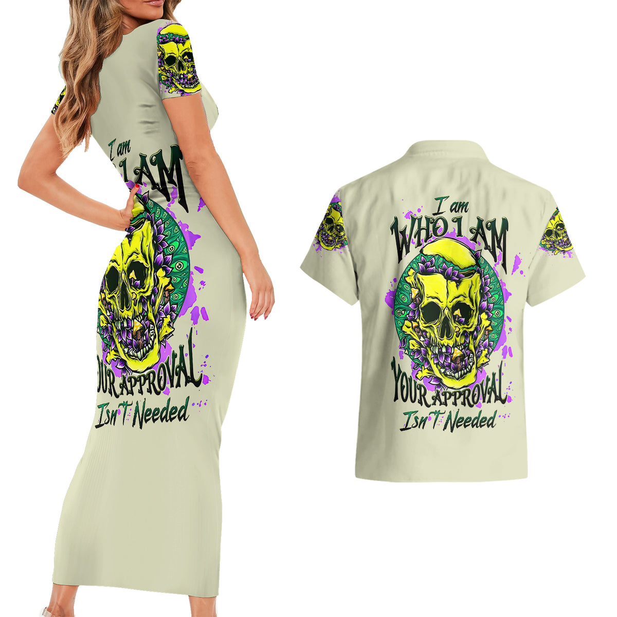 Flower Skull Couples Matching Short Sleeve Bodycon Dress and Hawaiian Shirt Iam Who Iam Your Approval Isn't Need - Wonder Print Shop