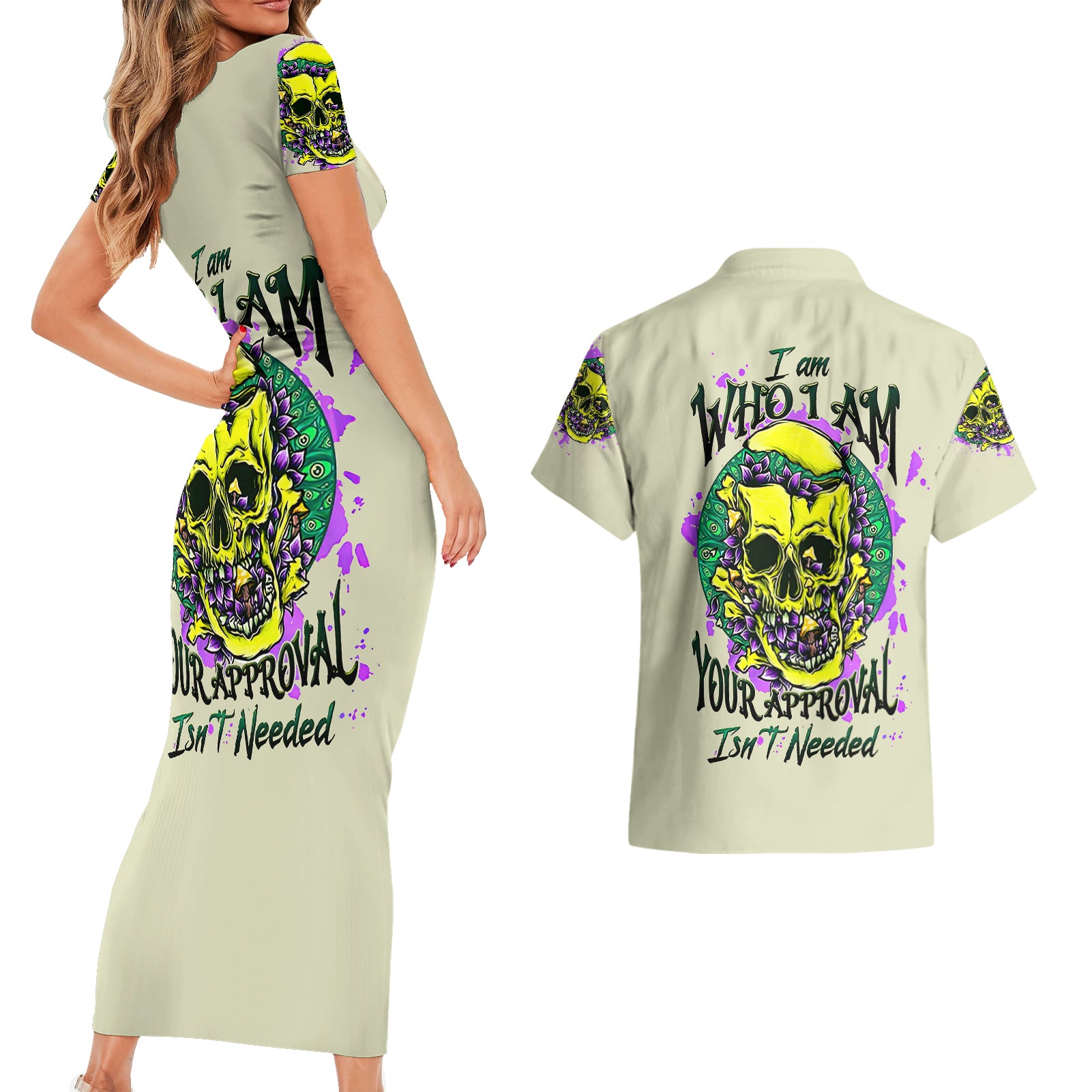 Flower Skull Couples Matching Short Sleeve Bodycon Dress and Hawaiian Shirt Iam Who Iam Your Approval Isn't Need - Wonder Print Shop