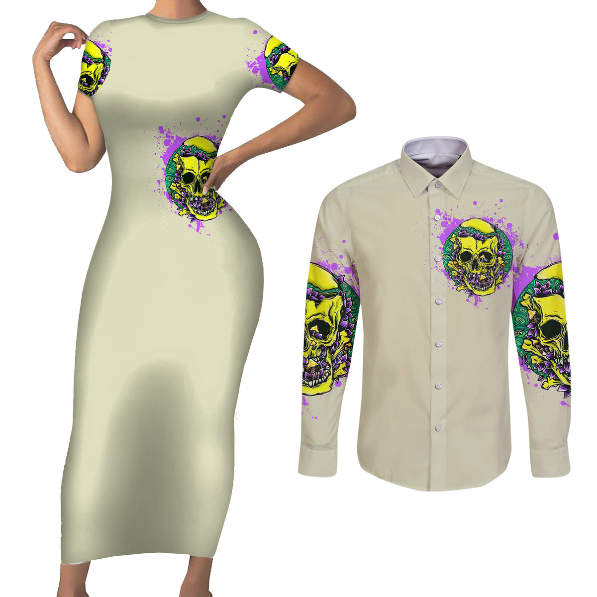 Flower Skull Couples Matching Short Sleeve Bodycon Dress and Long Sleeve Button Shirts Iam Who Iam Your Approval Isn't Need - Wonder Print Shop