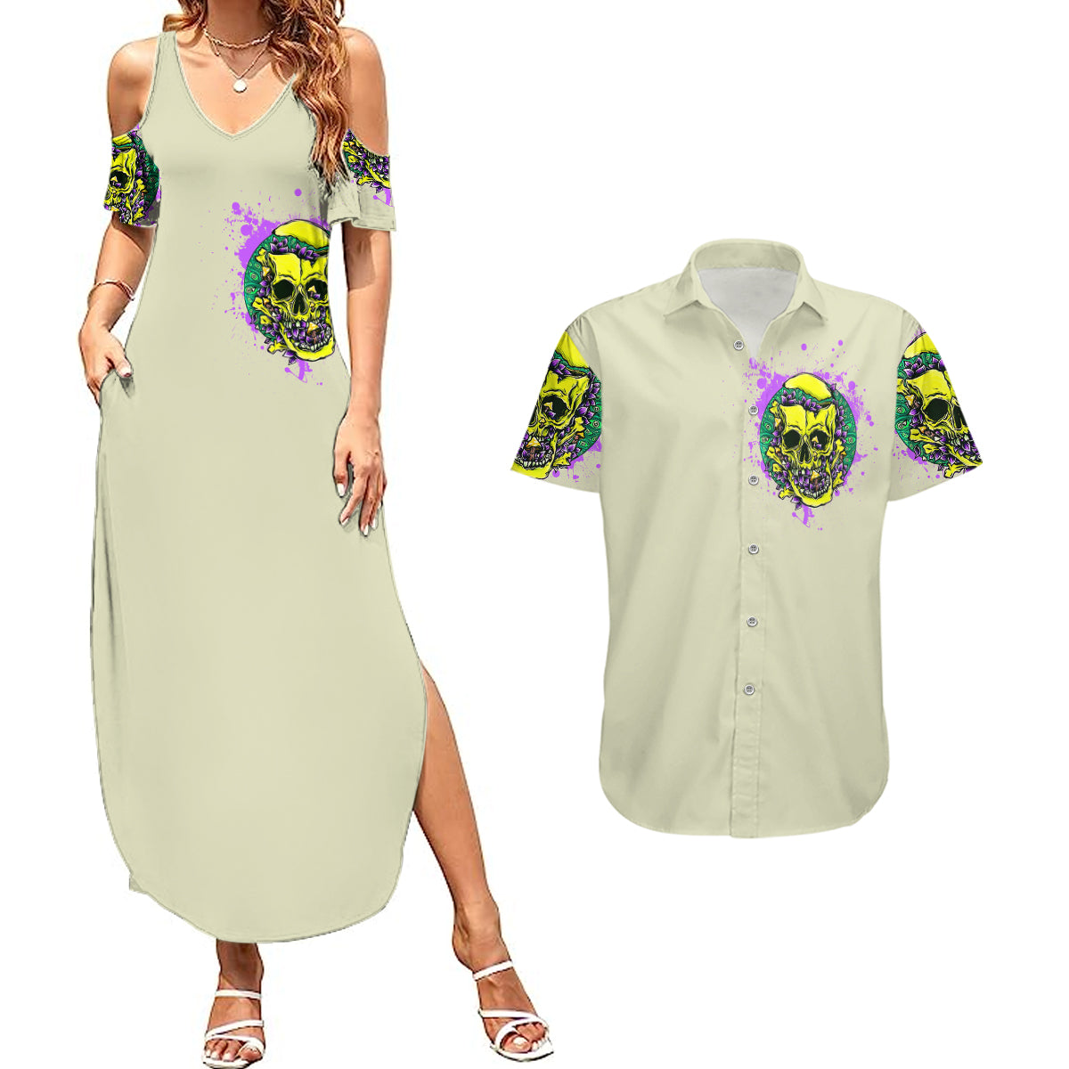 Flower Skull Couples Matching Summer Maxi Dress and Hawaiian Shirt Iam Who Iam Your Approval Isn't Need - Wonder Print Shop