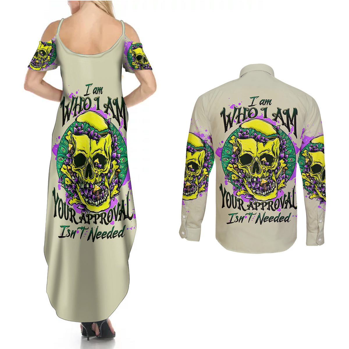 Flower Skull Couples Matching Summer Maxi Dress and Long Sleeve Button Shirts Iam Who Iam Your Approval Isn't Need - Wonder Print Shop