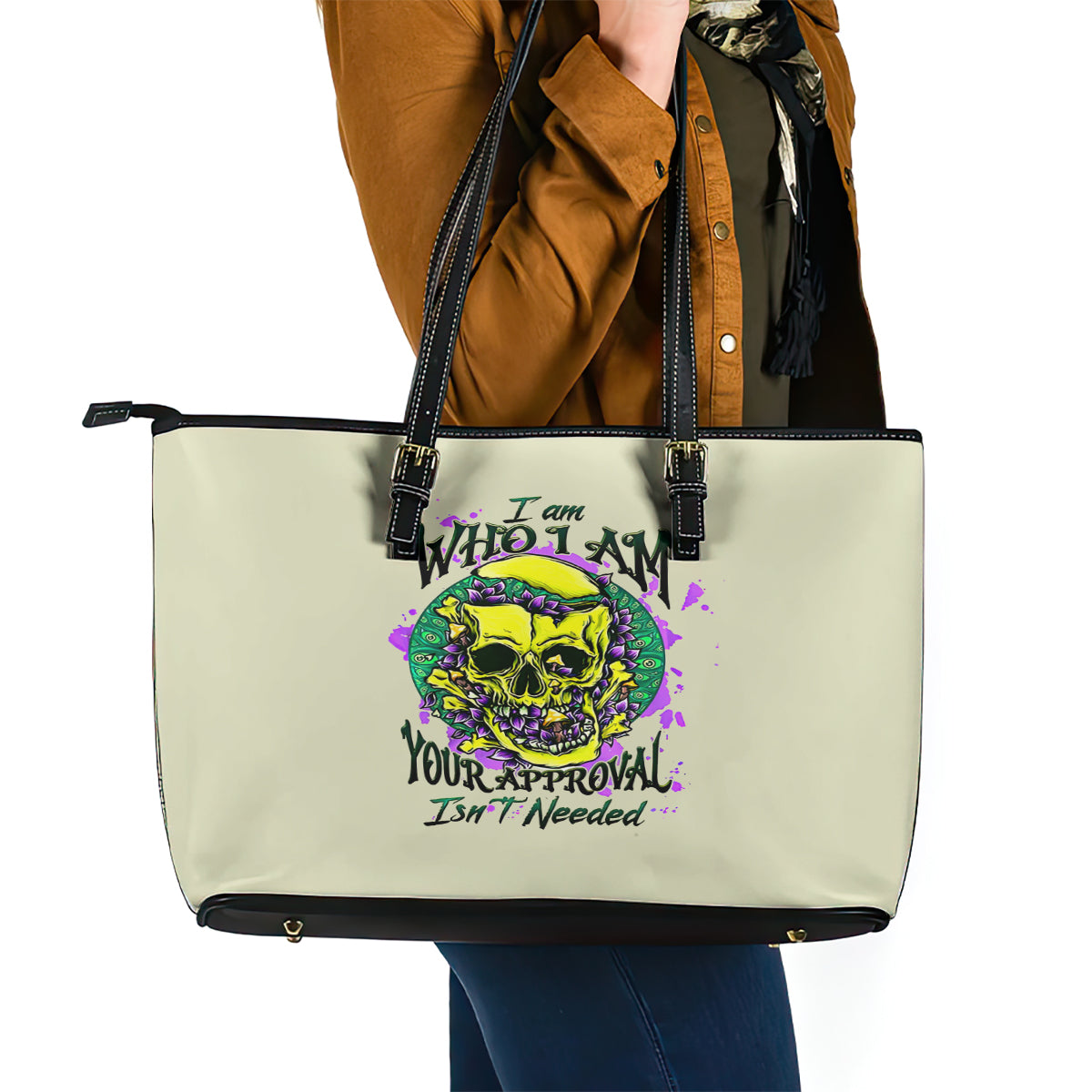 Flower Skull Leather Tote Bag Iam Who Iam Your Approval Isn't Need - Wonder Print Shop