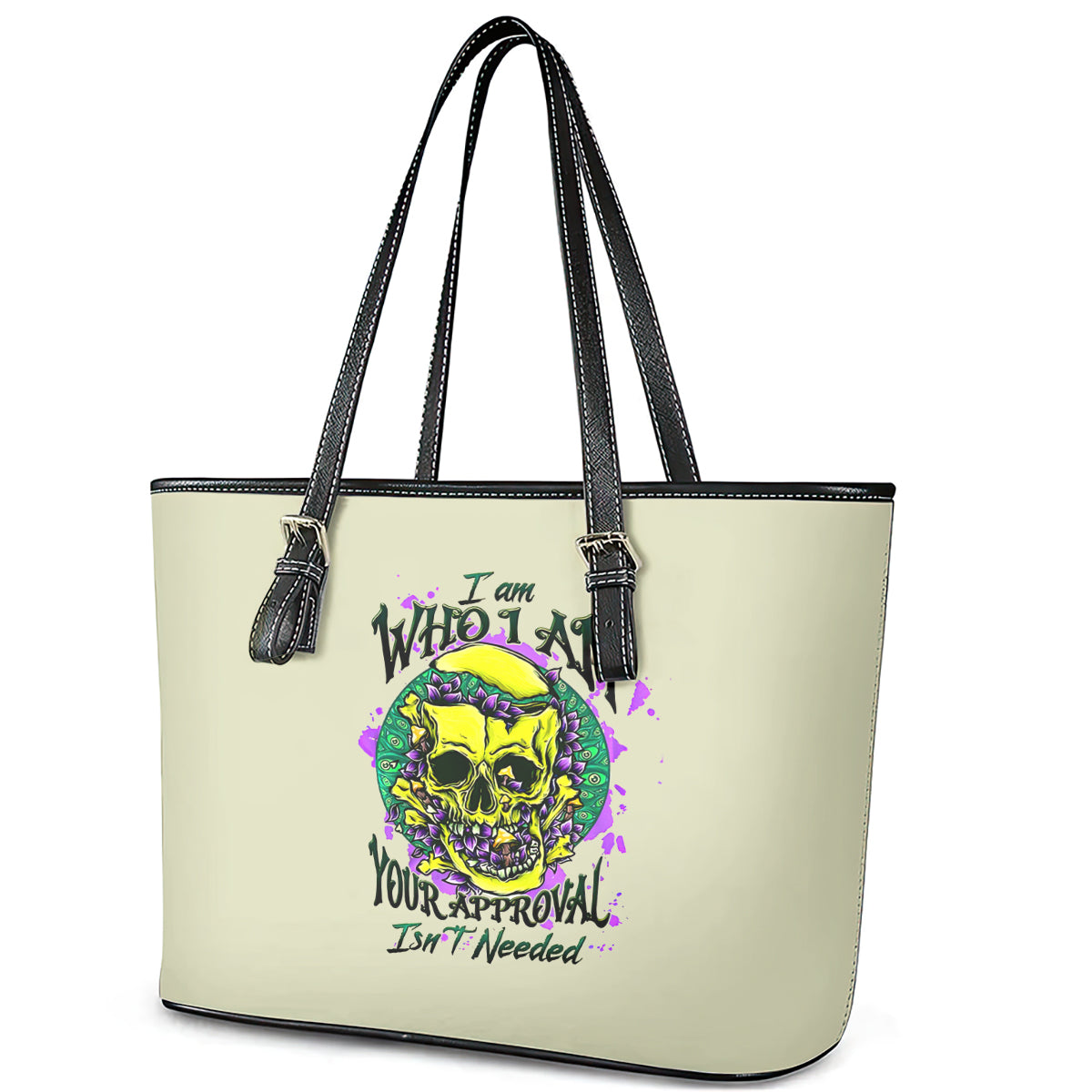 Flower Skull Leather Tote Bag Iam Who Iam Your Approval Isn't Need - Wonder Print Shop