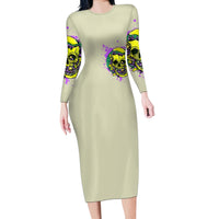 Flower Skull Long Sleeve Bodycon Dress Iam Who Iam Your Approval Isn't Need - Wonder Print Shop