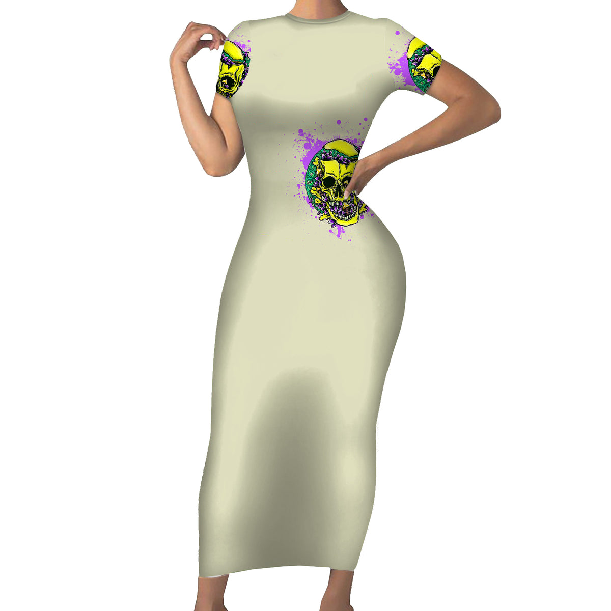 Flower Skull Short Sleeve Bodycon Dress Iam Who Iam Your Approval Isn't Need - Wonder Print Shop