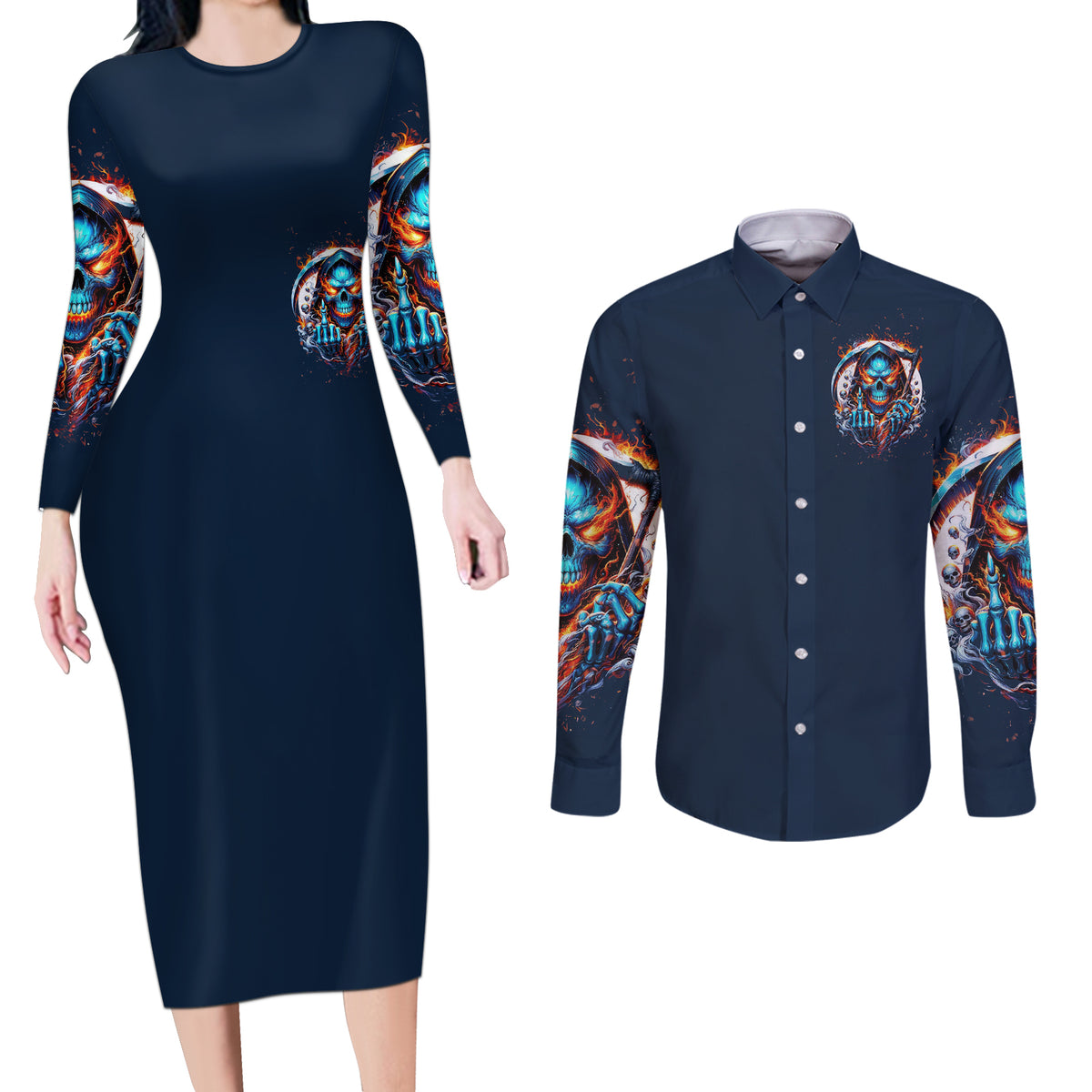 Reaper Skull Couples Matching Long Sleeve Bodycon Dress and Long Sleeve Button Shirt My Give A Fuck Is Broken But My Go Fuck Yourself Is Fully Functional - Wonder Print Shop