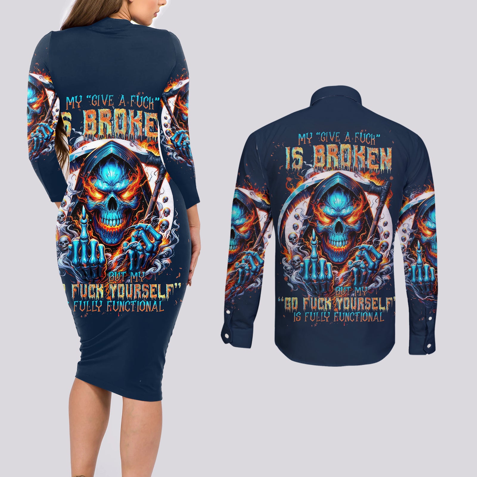 Reaper Skull Couples Matching Long Sleeve Bodycon Dress and Long Sleeve Button Shirt My Give A Fuck Is Broken But My Go Fuck Yourself Is Fully Functional - Wonder Print Shop