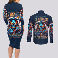 Reaper Skull Couples Matching Long Sleeve Bodycon Dress and Long Sleeve Button Shirt My Give A Fuck Is Broken But My Go Fuck Yourself Is Fully Functional - Wonder Print Shop