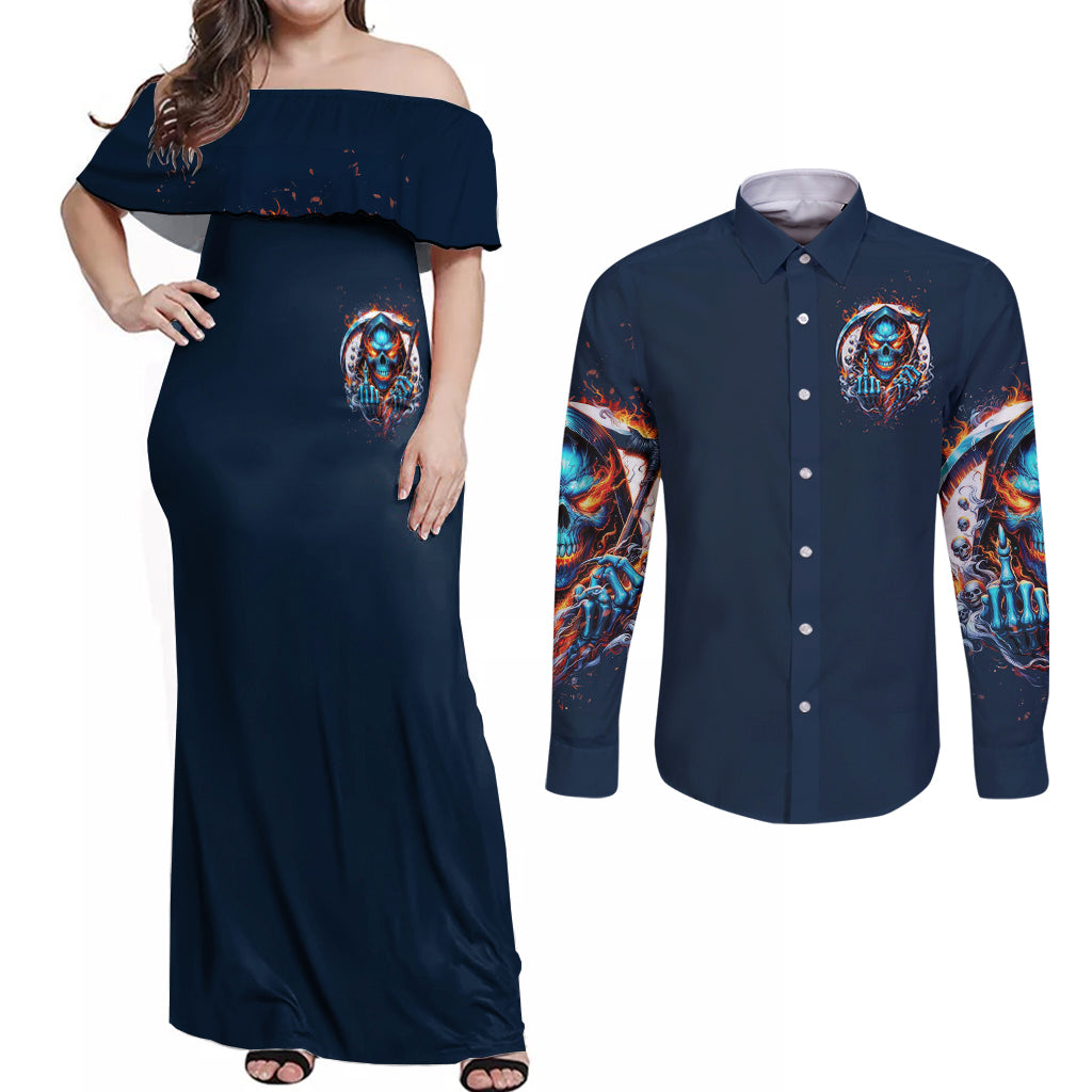Reaper Skull Couples Matching Off Shoulder Maxi Dress and Long Sleeve Button Shirt My Give A Fuck Is Broken But My Go Fuck Yourself Is Fully Functional - Wonder Print Shop
