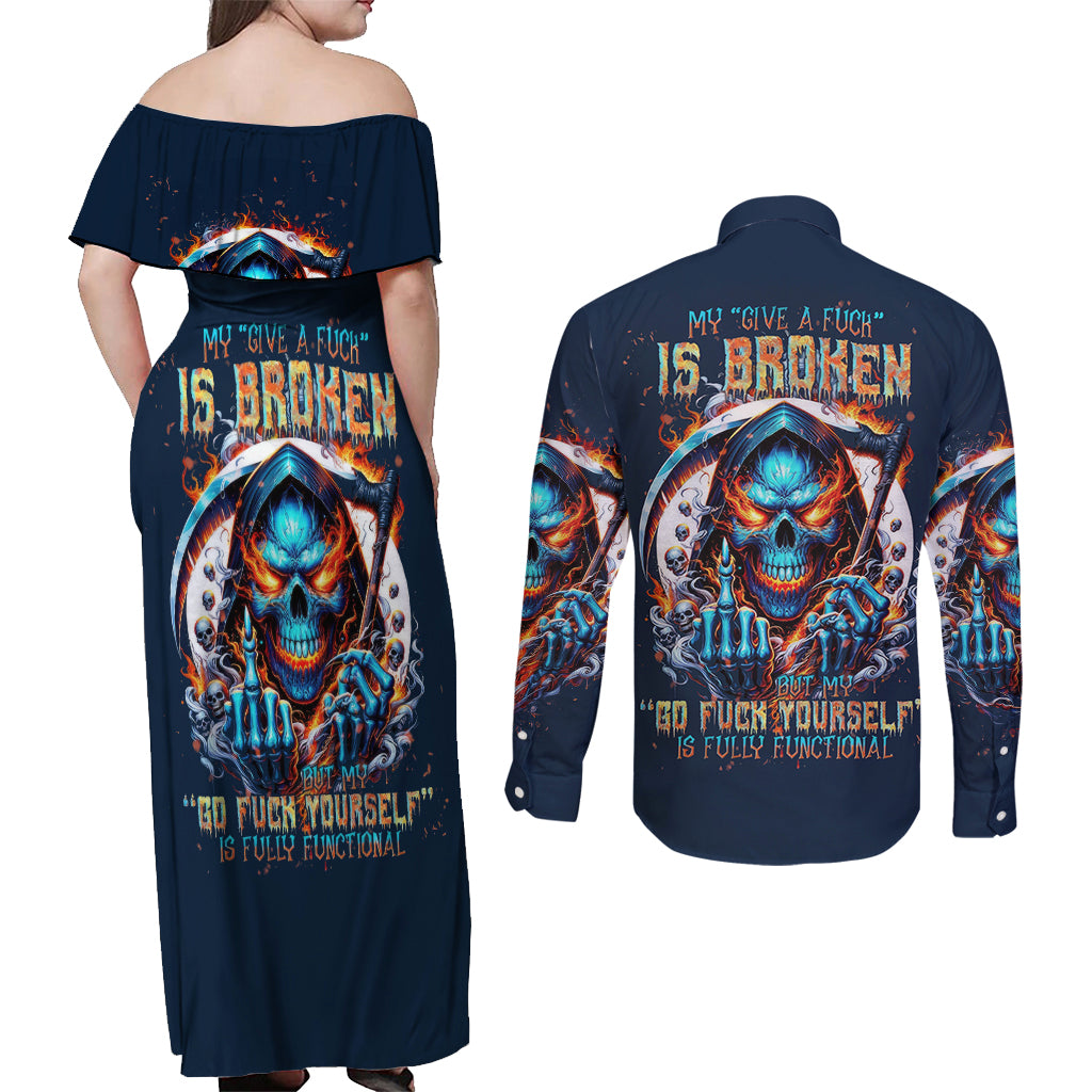 Reaper Skull Couples Matching Off Shoulder Maxi Dress and Long Sleeve Button Shirt My Give A Fuck Is Broken But My Go Fuck Yourself Is Fully Functional - Wonder Print Shop