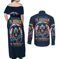 Reaper Skull Couples Matching Off Shoulder Maxi Dress and Long Sleeve Button Shirt My Give A Fuck Is Broken But My Go Fuck Yourself Is Fully Functional - Wonder Print Shop