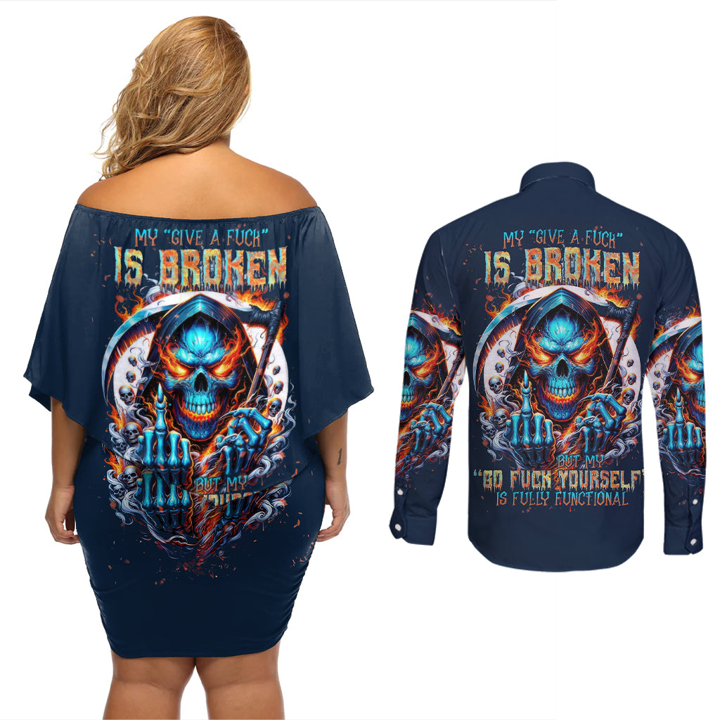 Reaper Skull Couples Matching Off Shoulder Short Dress and Long Sleeve Button Shirt My Give A Fuck Is Broken But My Go Fuck Yourself Is Fully Functional - Wonder Print Shop