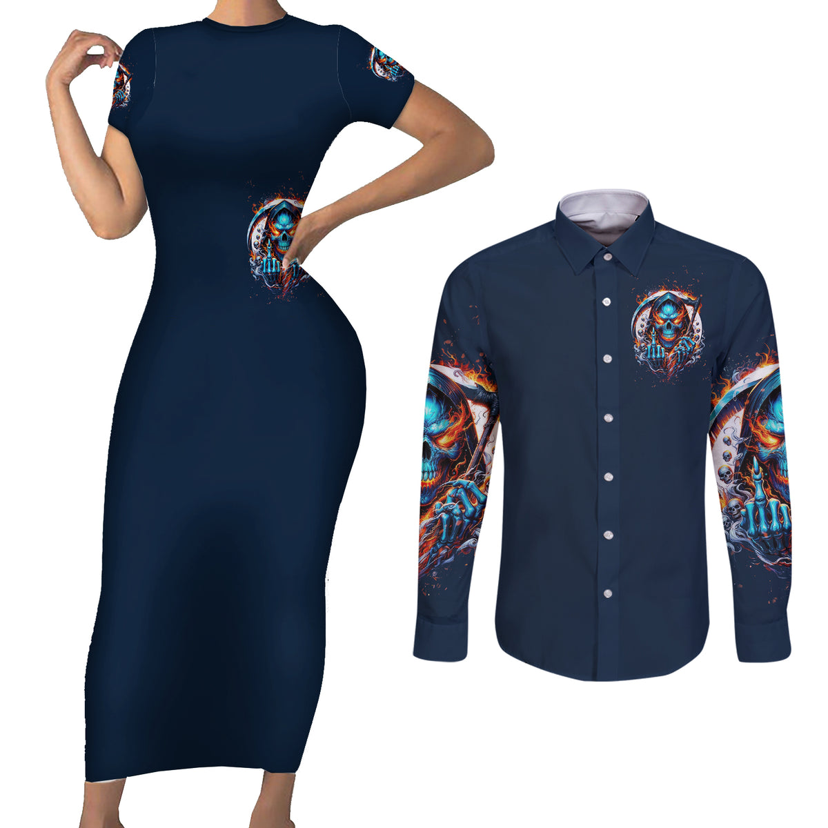 Reaper Skull Couples Matching Short Sleeve Bodycon Dress and Long Sleeve Button Shirt My Give A Fuck Is Broken But My Go Fuck Yourself Is Fully Functional - Wonder Print Shop
