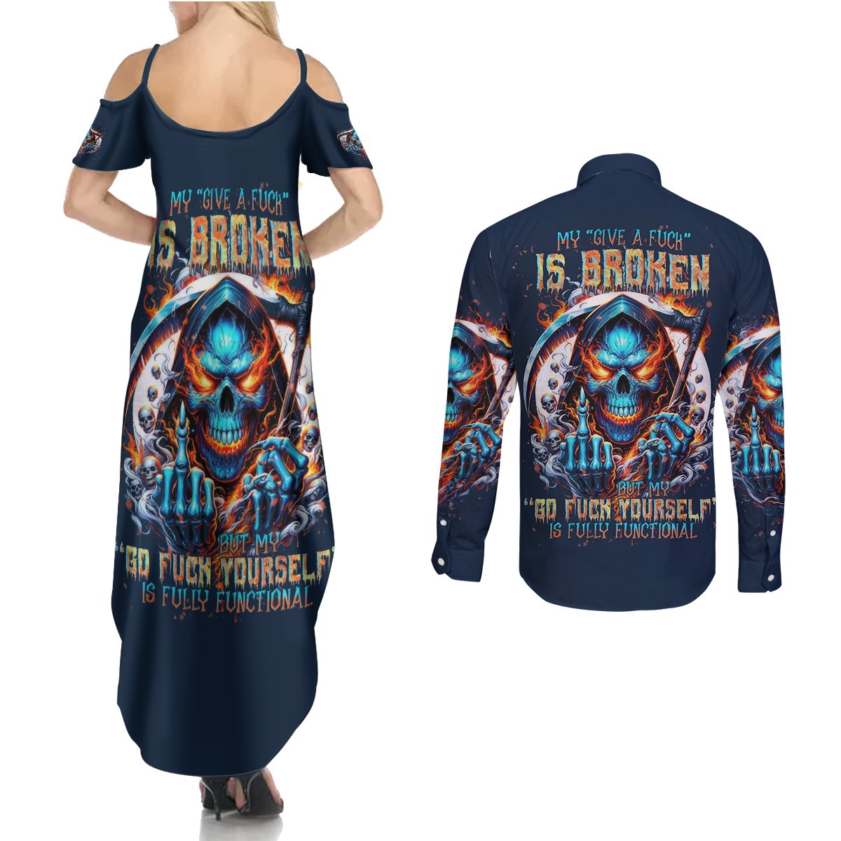 Reaper Skull Couples Matching Summer Maxi Dress and Long Sleeve Button Shirt My Give A Fuck Is Broken But My Go Fuck Yourself Is Fully Functional - Wonder Print Shop