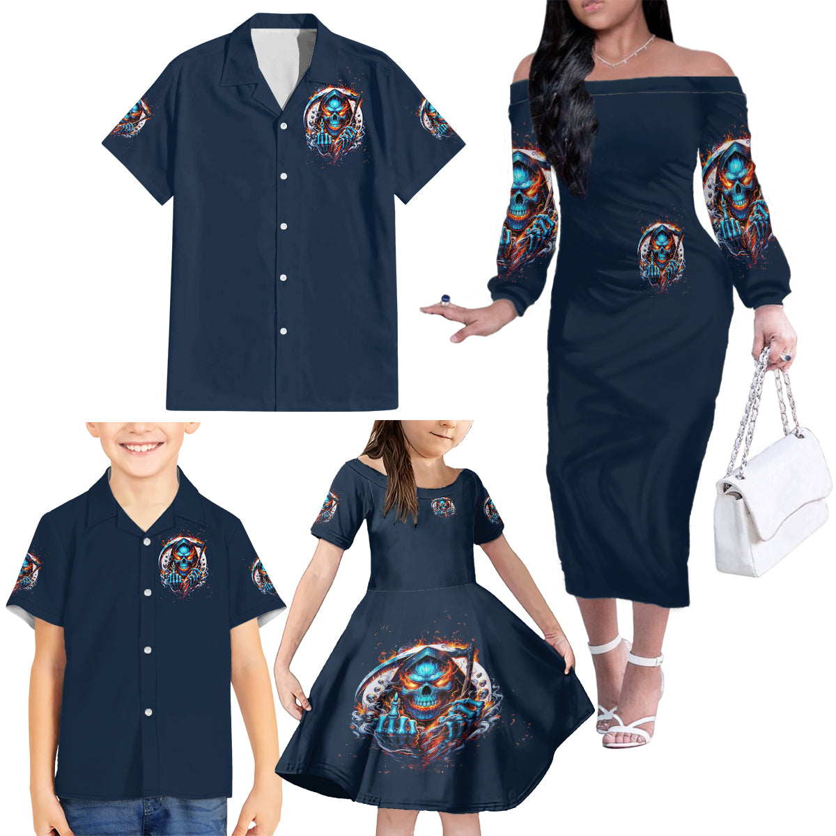 Reaper Skull Family Matching Off Shoulder Long Sleeve Dress and Hawaiian Shirt My Give A Fuck Is Broken But My Go Fuck Yourself Is Fully Functional - Wonder Print Shop