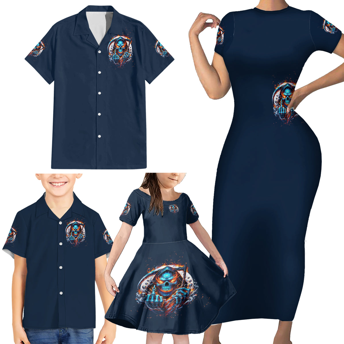 Reaper Skull Family Matching Short Sleeve Bodycon Dress and Hawaiian Shirt My Give A Fuck Is Broken But My Go Fuck Yourself Is Fully Functional - Wonder Print Shop