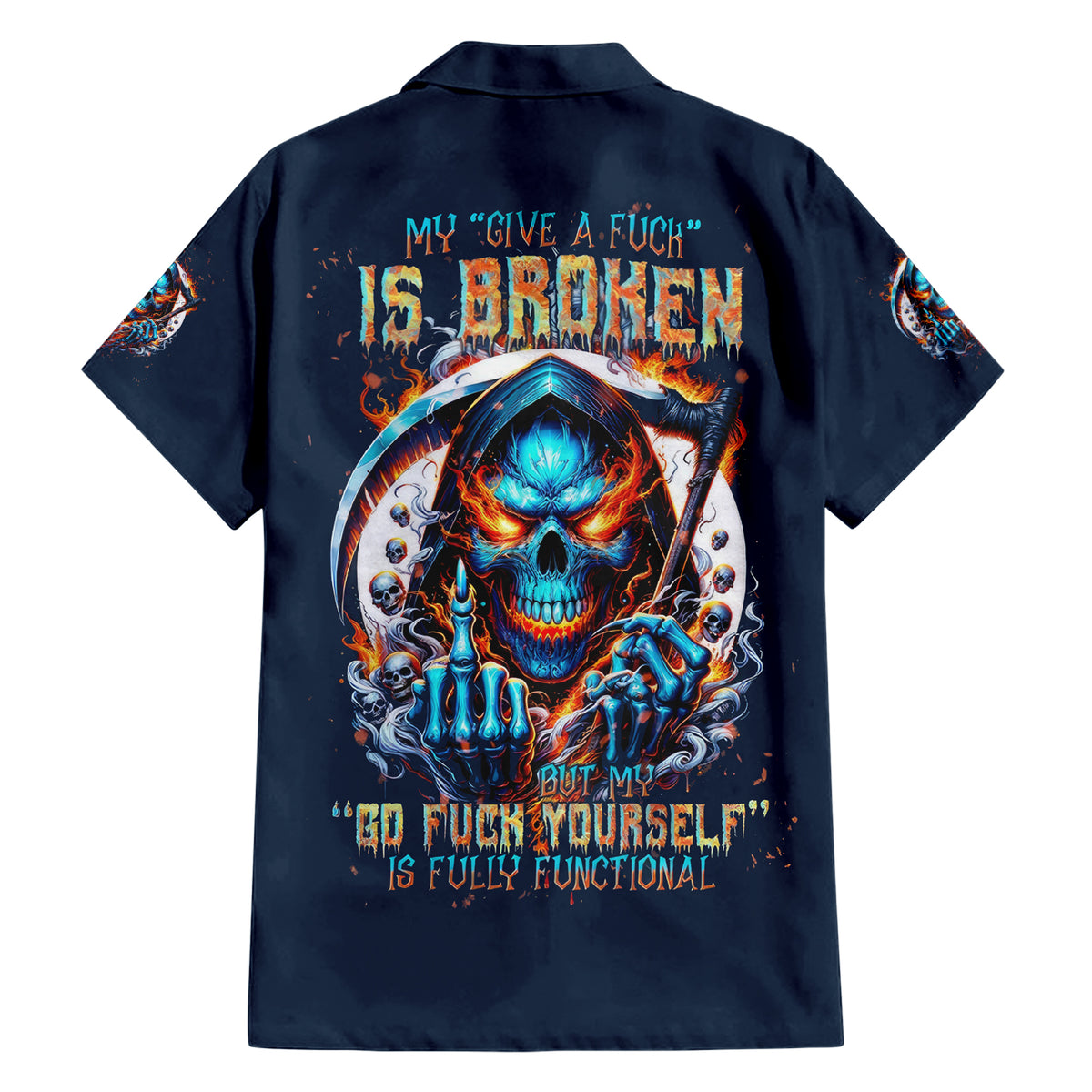 Reaper Skull Family Matching Short Sleeve Bodycon Dress and Hawaiian Shirt My Give A Fuck Is Broken But My Go Fuck Yourself Is Fully Functional - Wonder Print Shop