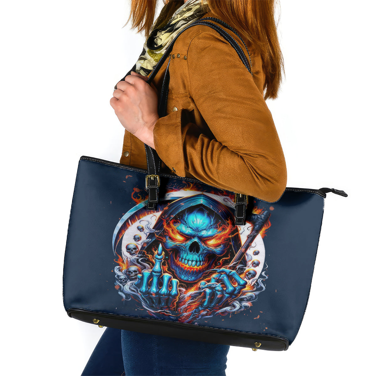 Reaper Skull Leather Tote Bag My Give A Fuck Is Broken But My Go Fuck Yourself Is Fully Functional - Wonder Print Shop