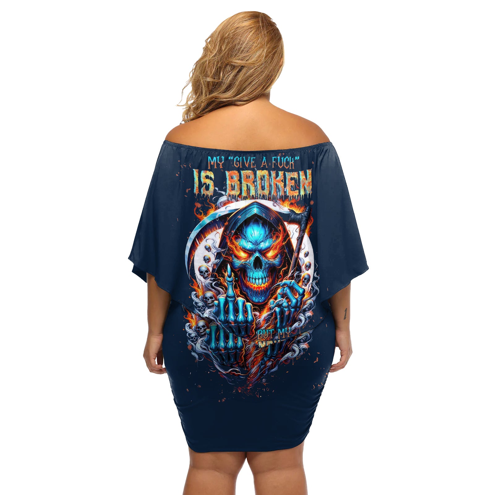 Reaper Skull Off Shoulder Short Dress My Give A Fuck Is Broken But My Go Fuck Yourself Is Fully Functional - Wonder Print Shop