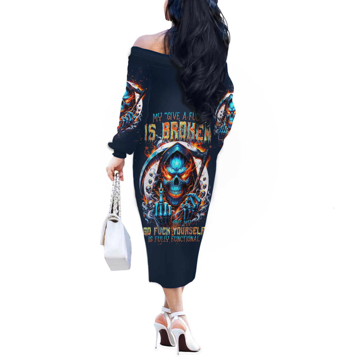 Reaper Skull Off The Shoulder Long Sleeve Dress My Give A Fuck Is Broken But My Go Fuck Yourself Is Fully Functional - Wonder Print Shop