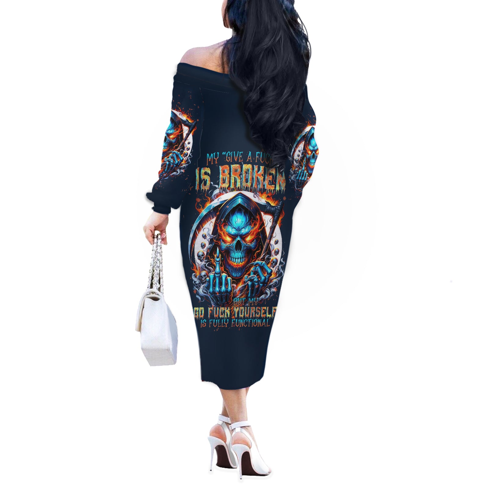 Reaper Skull Off The Shoulder Long Sleeve Dress My Give A Fuck Is Broken But My Go Fuck Yourself Is Fully Functional - Wonder Print Shop