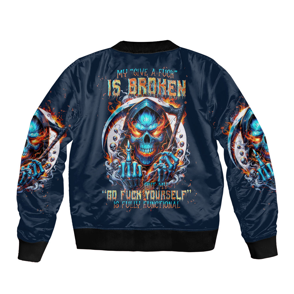 Reaper Skull Sleeve Zip Bomber Jacket My Give A Fuck Is Broken But My Go Fuck Yourself Is Fully Functional - Wonder Print Shop