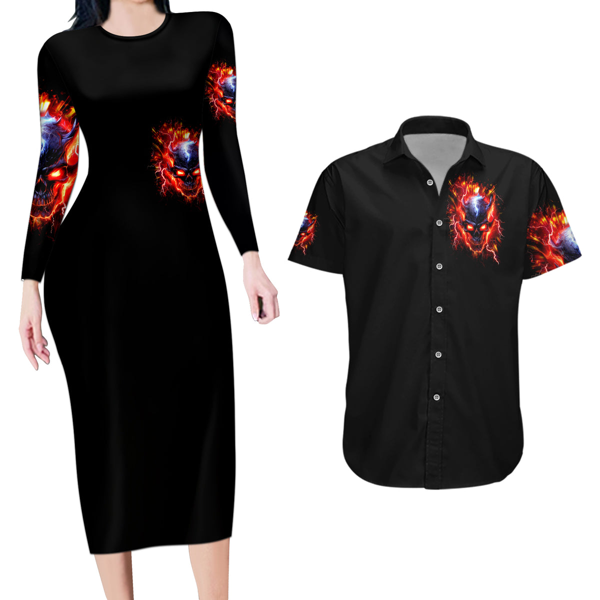 Flame Skull Couples Matching Long Sleeve Bodycon Dress and Hawaiian Shirt I'm Never Alone My Demons Are With Me 24/7 - Wonder Print Shop