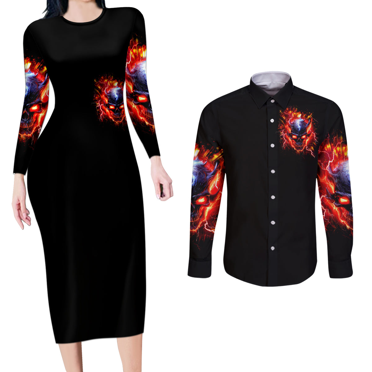 Flame Skull Couples Matching Long Sleeve Bodycon Dress and Long Sleeve Button Shirt I'm Never Alone My Demons Are With Me 24/7 - Wonder Print Shop