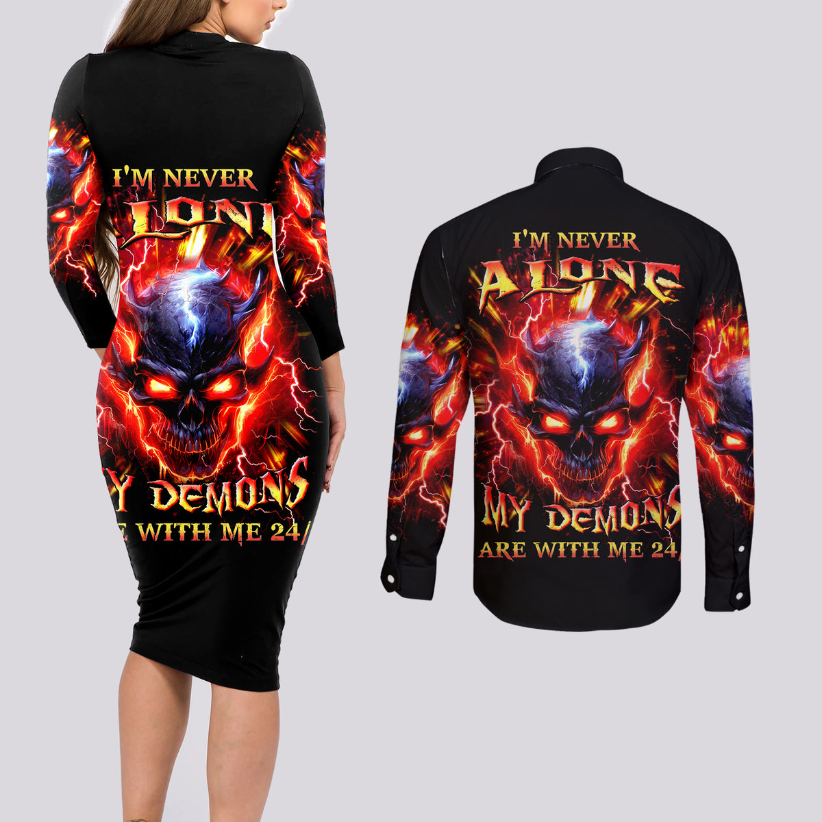 Flame Skull Couples Matching Long Sleeve Bodycon Dress and Long Sleeve Button Shirt I'm Never Alone My Demons Are With Me 24/7 - Wonder Print Shop