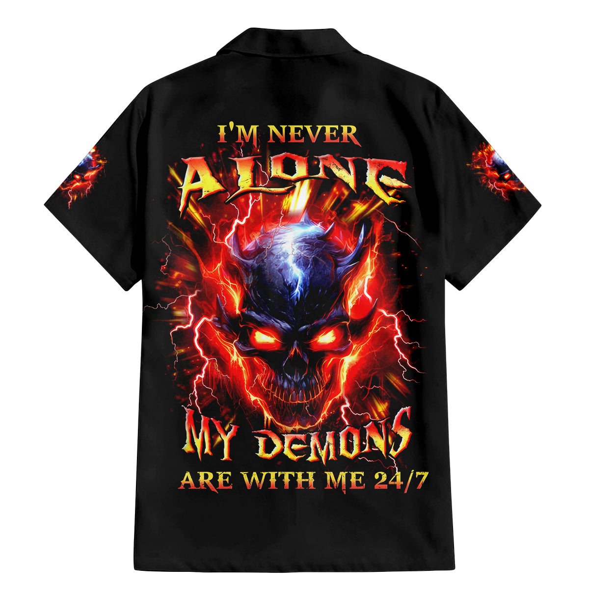 Flame Skull Family Matching Mermaid Dress and Hawaiian Shirt I'm Never Alone My Demons Are With Me 24/7 - Wonder Print Shop
