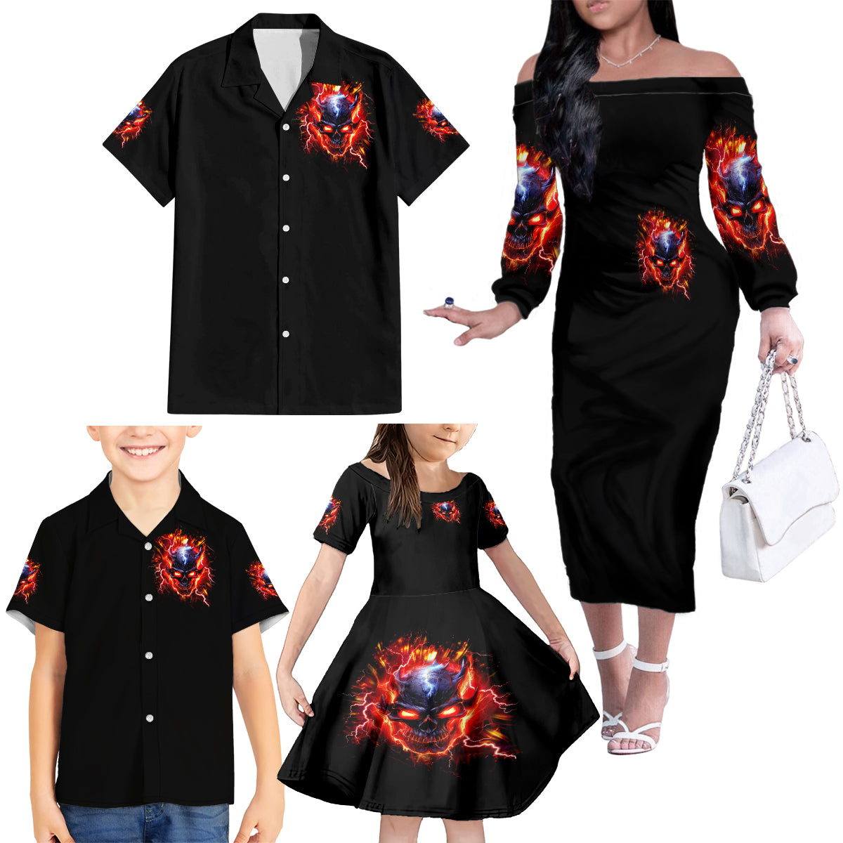 Flame Skull Family Matching Off Shoulder Long Sleeve Dress and Hawaiian Shirt I'm Never Alone My Demons Are With Me 24/7 - Wonder Print Shop