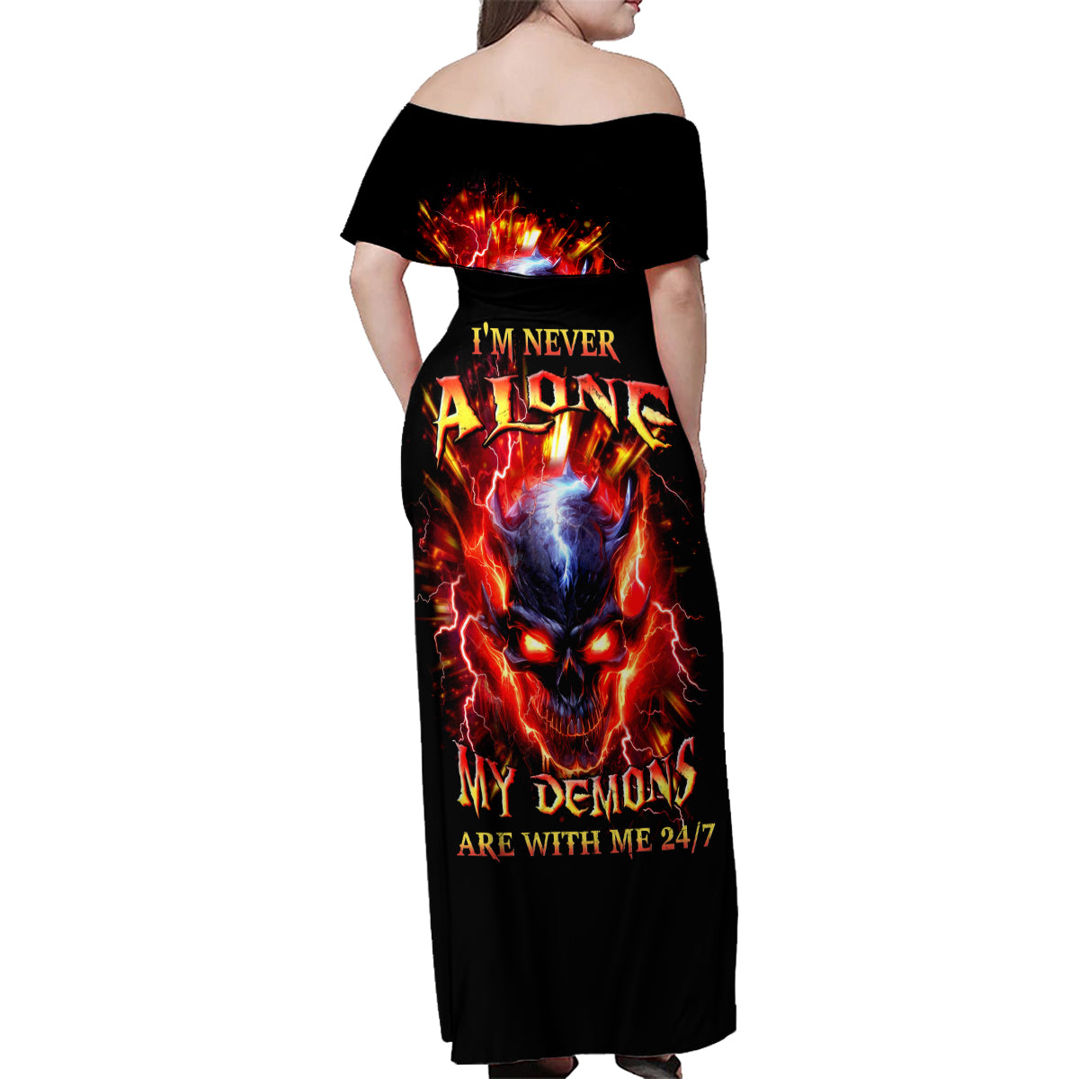 Flame Skull Family Matching Off Shoulder Maxi Dress and Hawaiian Shirt I'm Never Alone My Demons Are With Me 24/7 - Wonder Print Shop