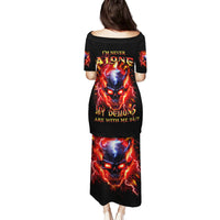 Flame Skull Family Matching Puletasi and Hawaiian Shirt I'm Never Alone My Demons Are With Me 24/7 - Wonder Print Shop