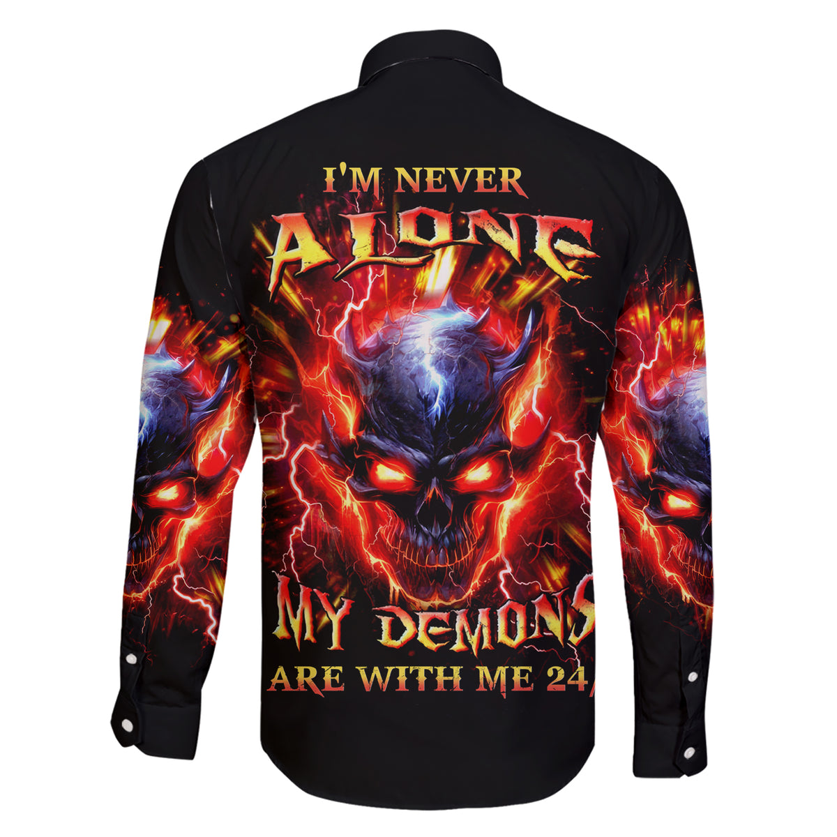 Flame Skull Family Matching Short Sleeve Bodycon Dress and Hawaiian Shirt I'm Never Alone My Demons Are With Me 24/7 - Wonder Print Shop