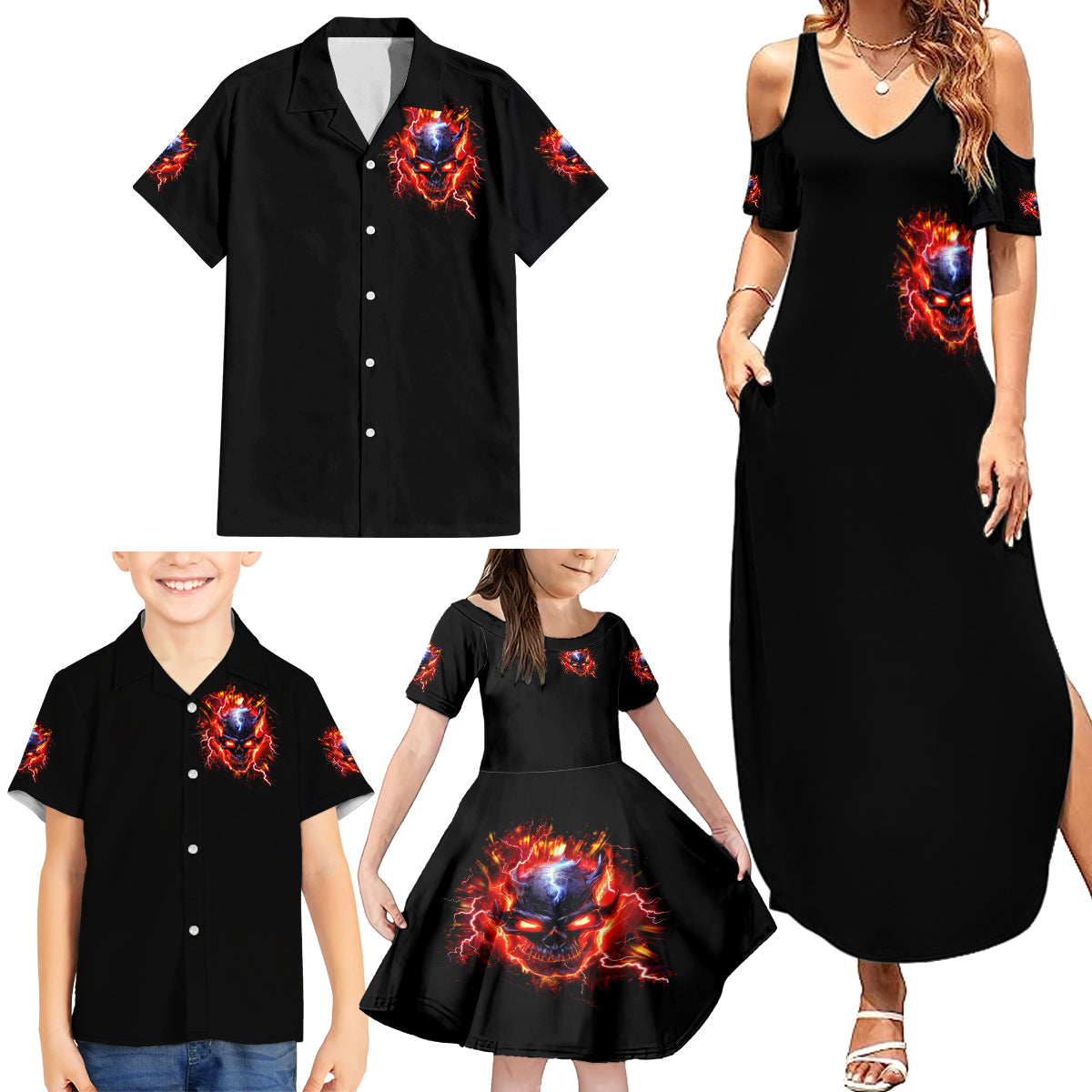 Flame Skull Family Matching Summer Maxi Dress and Hawaiian Shirt I'm Never Alone My Demons Are With Me 24/7 - Wonder Print Shop