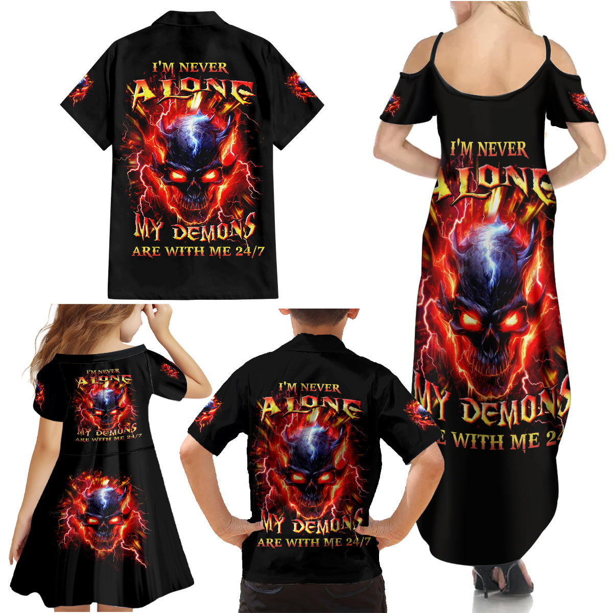 Flame Skull Family Matching Summer Maxi Dress and Hawaiian Shirt I'm Never Alone My Demons Are With Me 24/7 - Wonder Print Shop