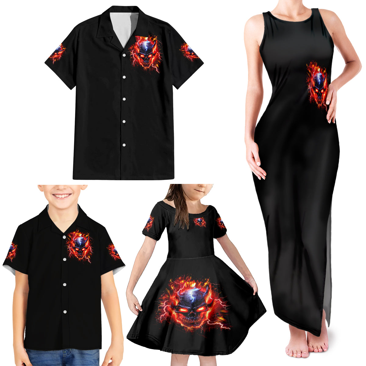 Flame Skull Family Matching Tank Maxi Dress and Hawaiian Shirt I'm Never Alone My Demons Are With Me 24/7 - Wonder Print Shop