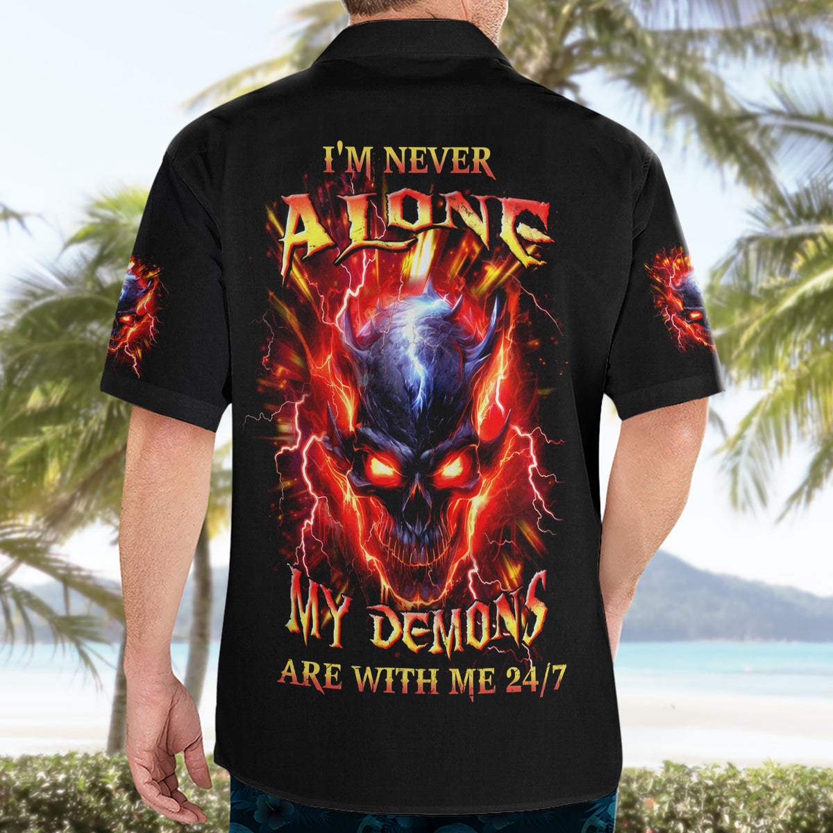 Flame Skull Hawaiian Shirt I'm Never Alone My Demons Are With Me 24/7 - Wonder Print Shop