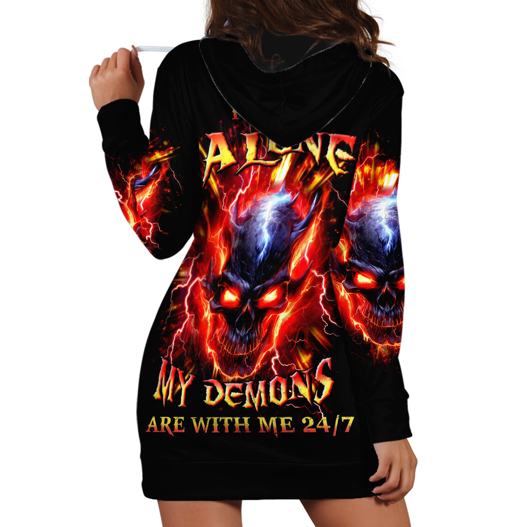 Flame Skull Hoodie Dress I'm Never Alone My Demons Are With Me 24/7 - Wonder Print Shop