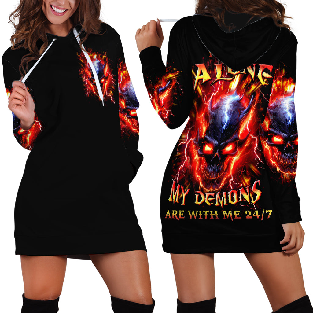 Flame Skull Hoodie Dress I'm Never Alone My Demons Are With Me 24/7 - Wonder Print Shop