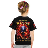 Flame Skull Kid T Shirt I'm Never Alone My Demons Are With Me 24/7 - Wonder Print Shop