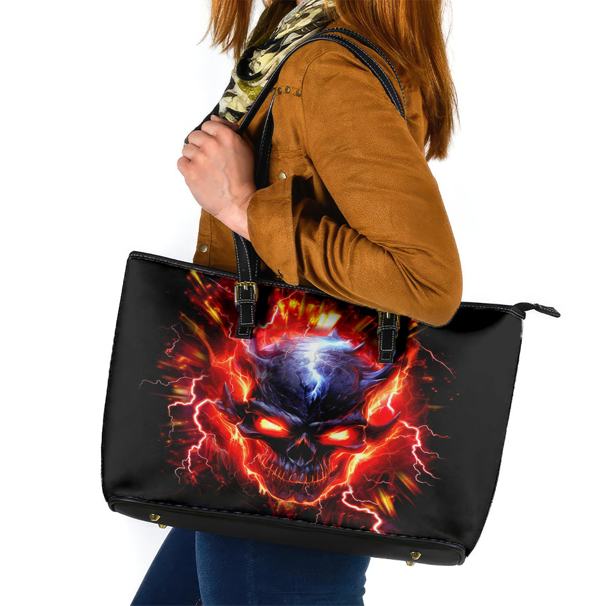 Flame Skull Leather Tote Bag I'm Never Alone My Demons Are With Me 24/7 - Wonder Print Shop
