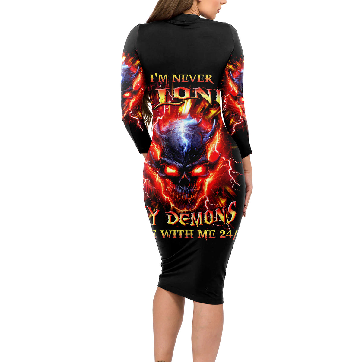 Flame Skull Long Sleeve Bodycon Dress I'm Never Alone My Demons Are With Me 24/7 - Wonder Print Shop
