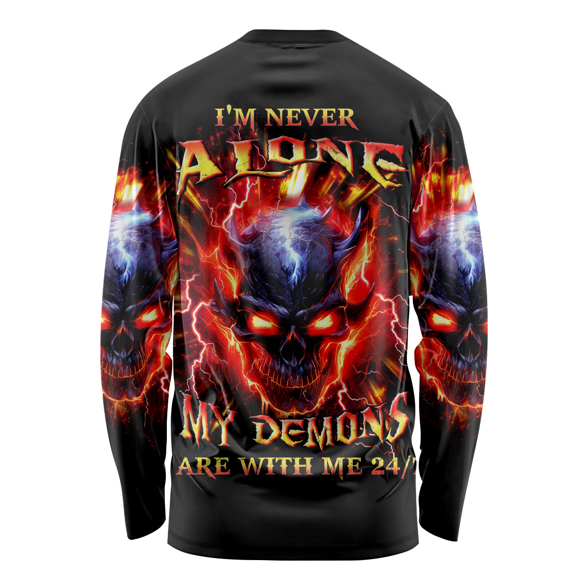 Flame Skull Long Sleeve Shirt I'm Never Alone My Demons Are With Me 24/7 - Wonder Print Shop