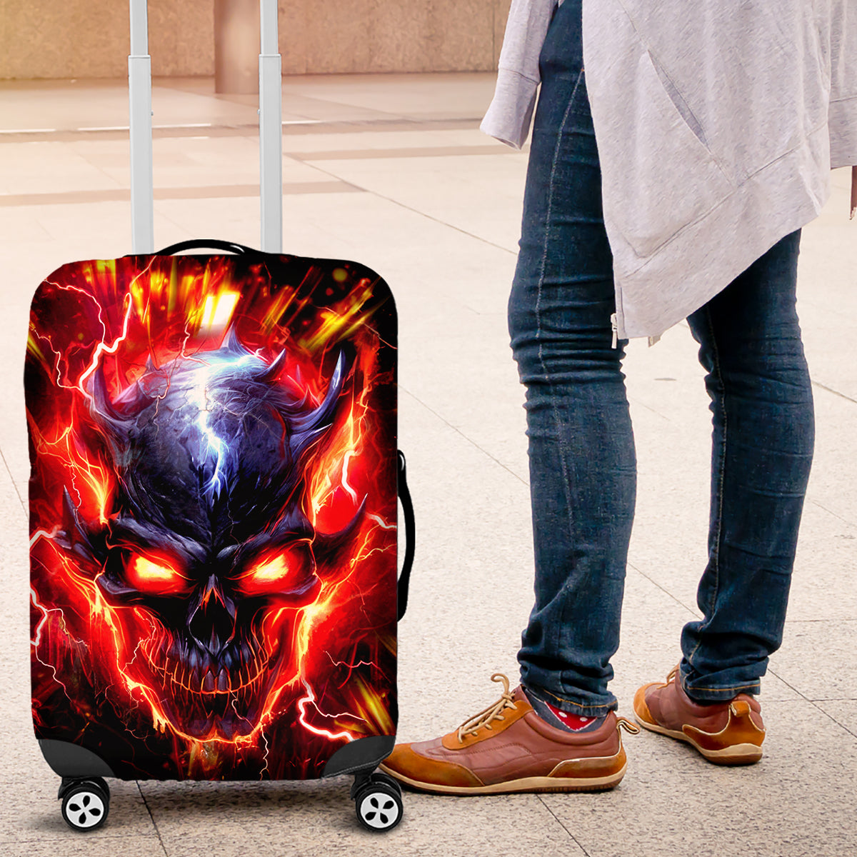 Flame Skull Luggage Cover I'm Never Alone My Demons Are With Me 24/7 - Wonder Print Shop