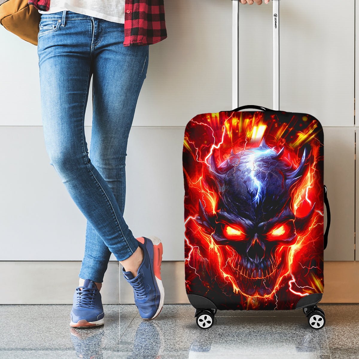 Flame Skull Luggage Cover I'm Never Alone My Demons Are With Me 24/7 - Wonder Print Shop